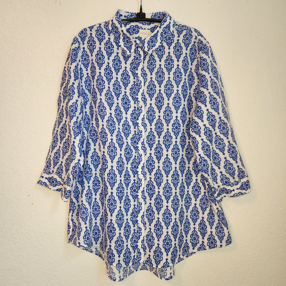 Chico's 100% Linen Blue & White Button-up Ikat Print Top, Size 3 (XL)